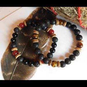 Men’s Stone Crystal Bead Bracelet Set Stack Black Lava Red Brown